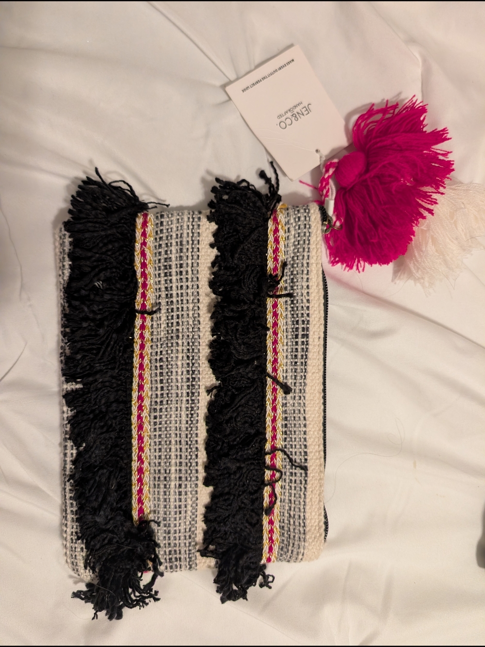 Jen & Co. Black and White Woven Tassel Clutch with Pink Pom